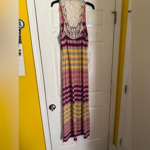 New Directions Multiple-color Striped Dress features an elegant lace back detail